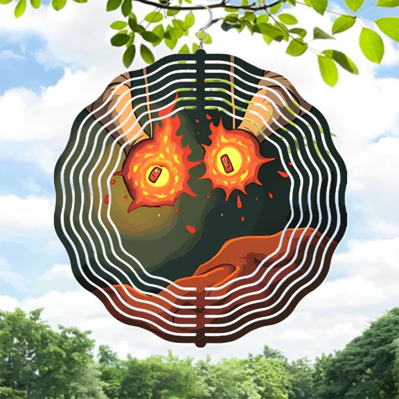 Metal Hanging Wind Spinners - Concentric Circular Design with Fiery Cell Patterns - Unique Yard & Garden Decor