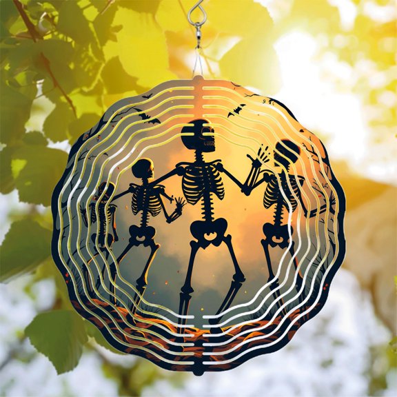 Metal Hanging Wind Spinners - Dancing Skeletons in Circular Pattern with Bats - Festive Yard & Garden Decor for Halloween