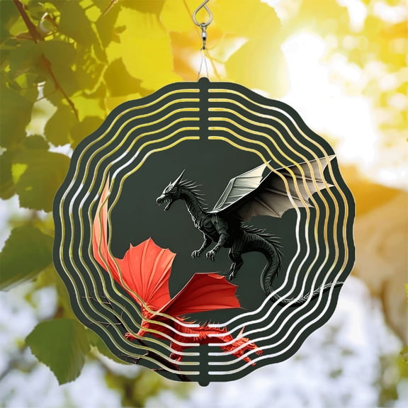 Metal Hanging Wind Spinners - Vortex Design with Black and Red Dragons Concentric White Lines Perfect for Yard and Garden Decor