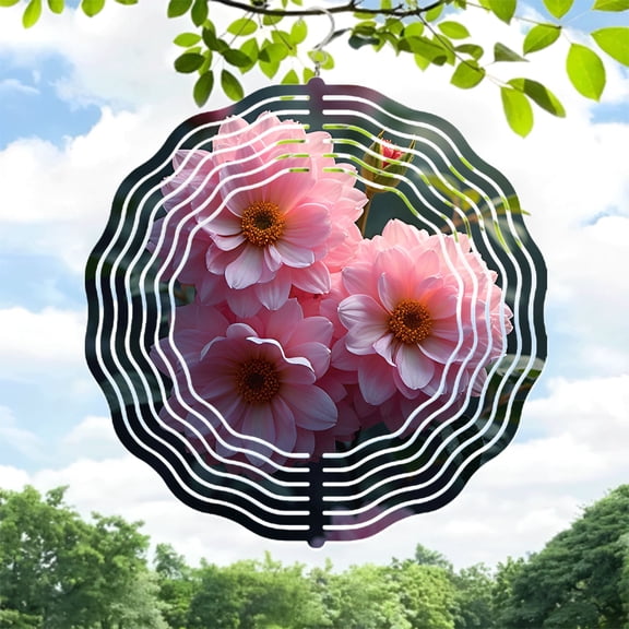 Metal Hanging Wind Spinners with Abstract Floral Design - Modern Garden Decor with Concentric White Lines for Yard and Patio