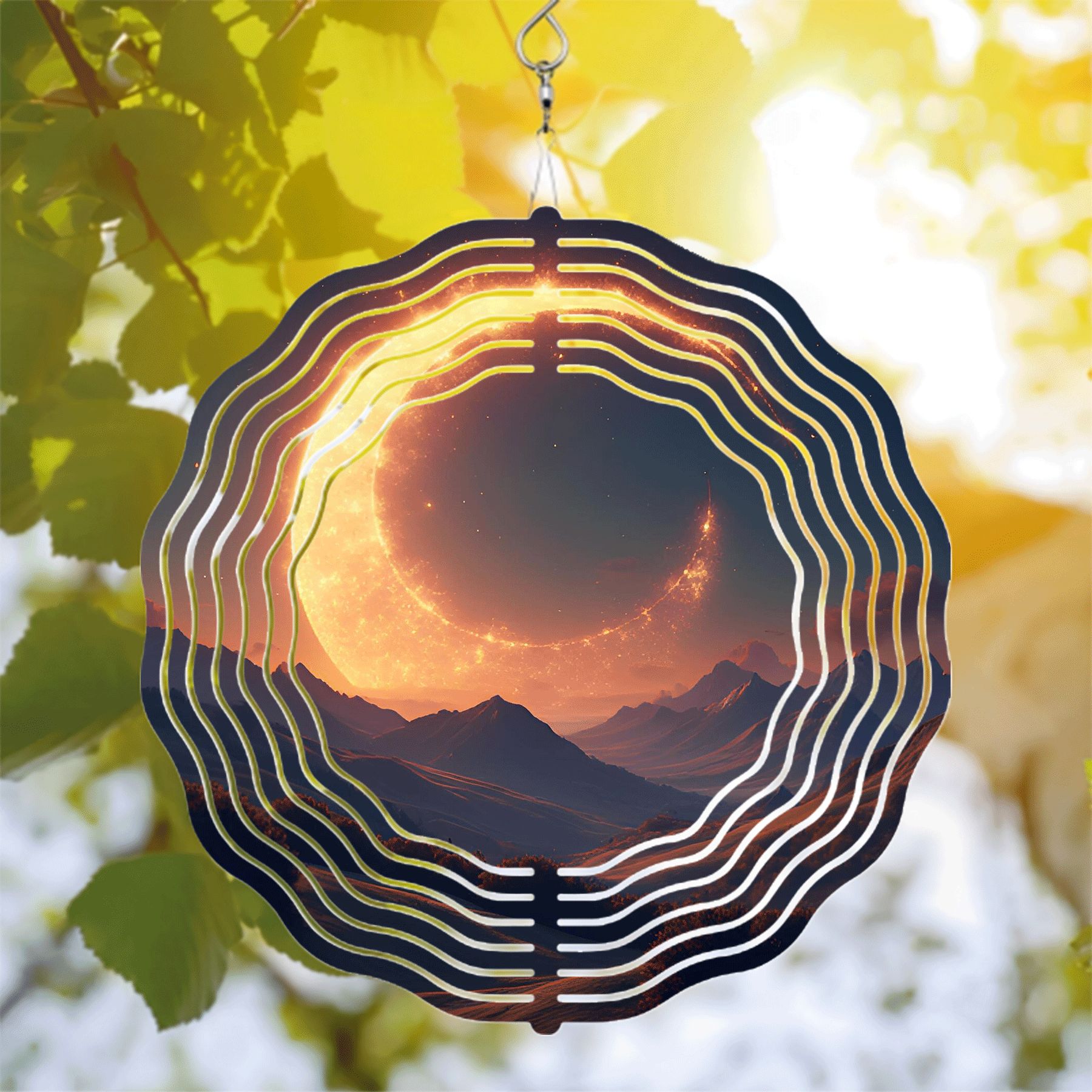 View of Metal Hanging Wind Spinners with Abstract Ripple Design - Ethereal ...
