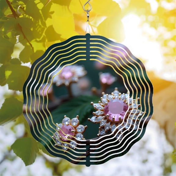 Metal Hanging Wind Spinners with Artistic Floral Patterns and Pink Gemstone Accents - Elegant Wind Chimes for Yard and Garden Decor