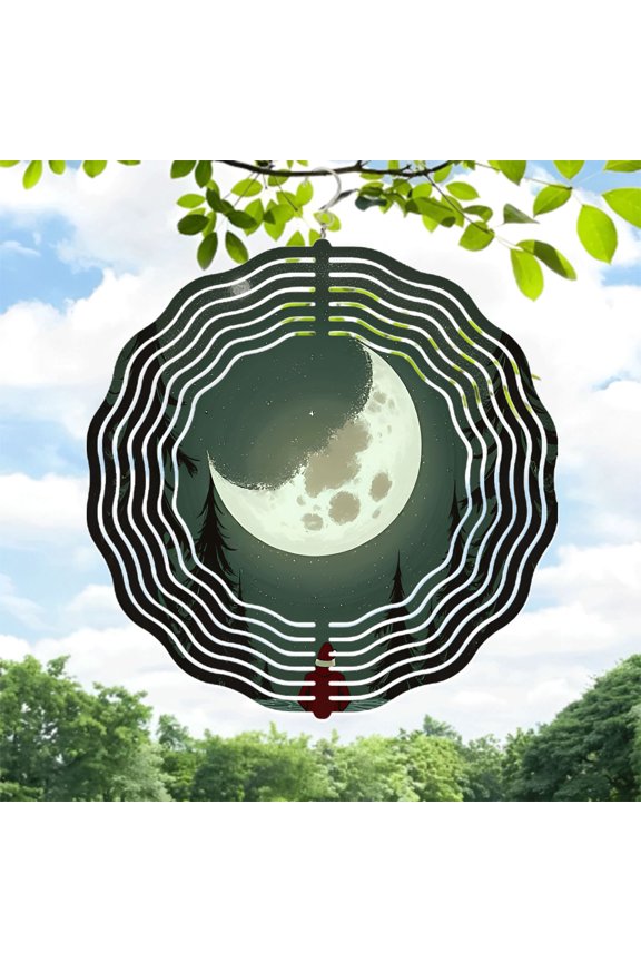 Metal Hanging Wind Spinners with Artistic Sound Wave Design - Serene Moonlit Pine Tree Pattern for Yard and Garden Decor