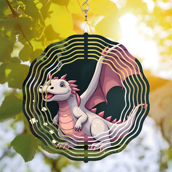 Metal Hanging Wind Spinners with Cartoon Dragon Design - Light Gray & Pink Accents Energetic Circular Pattern for Yard & Garden Decor