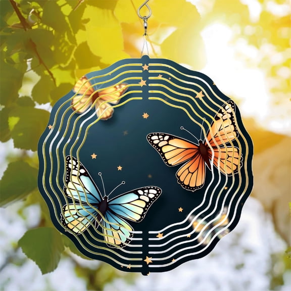 Metal Hanging Wind Spinners with Celestial Butterfly Design - Concentric Lines Stars and Vibrant Colors for Yard & Garden Decor
