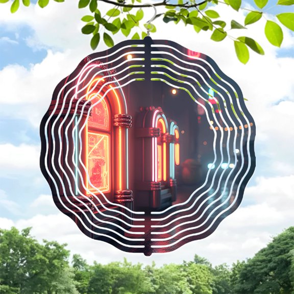 Metal Hanging Wind Spinners with Circular Pattern Design - Vibrant Wind Chimes for Yard and Garden Decor Retro Neon Style