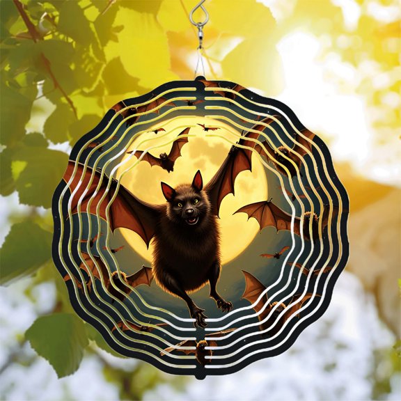 Metal Hanging Wind Spinners with Circular Pattern Design - Whimsical Wind Chimes for Yard and Garden Decor Full Moon & Bat Theme