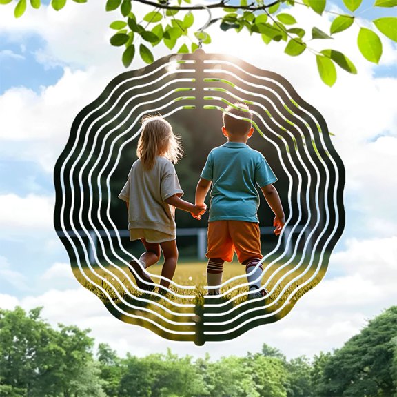 Metal Hanging Wind Spinners with Circular Sound Wave Design - Unique Wind Chimes for Yard and Garden Decor Golden Glow Effect