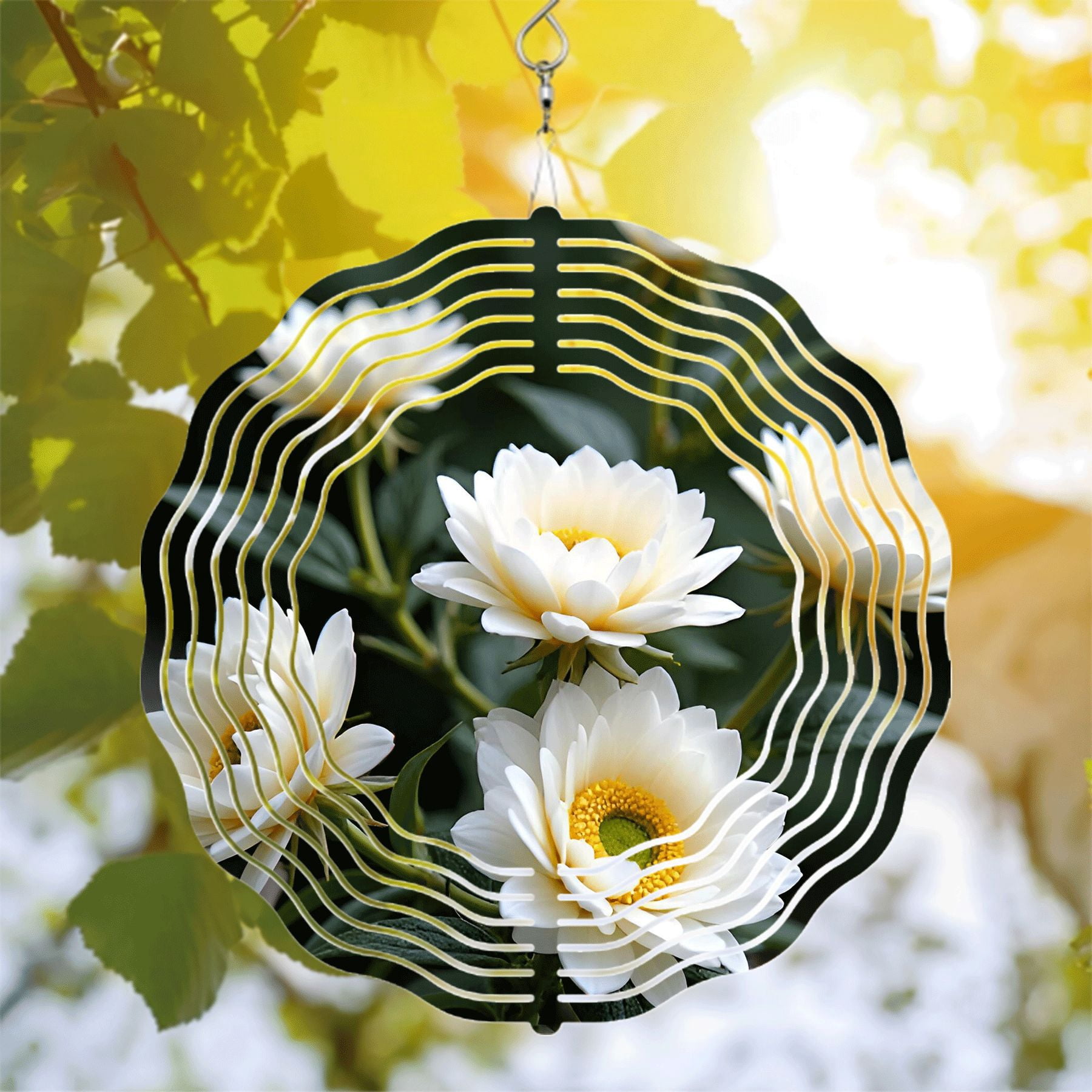 Metal Hanging Wind Spinners with Circular Wave Design - Elegant White ...