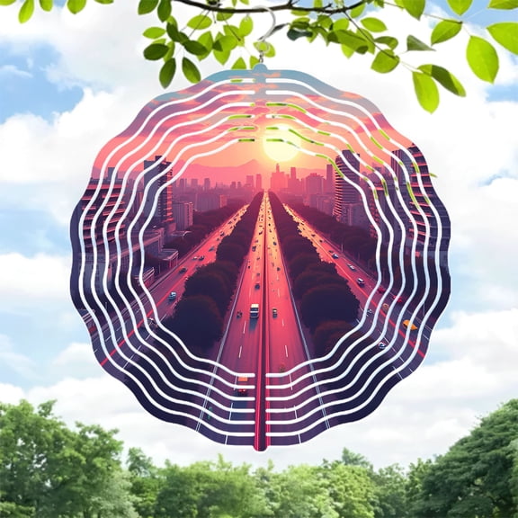 Metal Hanging Wind Spinners with Circular Wave Design - Stunning Yard & Garden Decor Perfect for Captivating Sunset Views