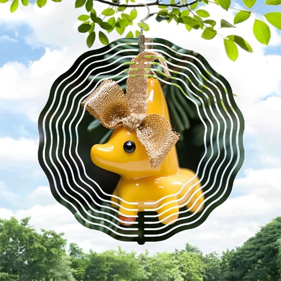 Metal Hanging Wind Spinners with Circular White Line Pattern - Decorative Duck Figurine Wind Chimes for Yard and Garden