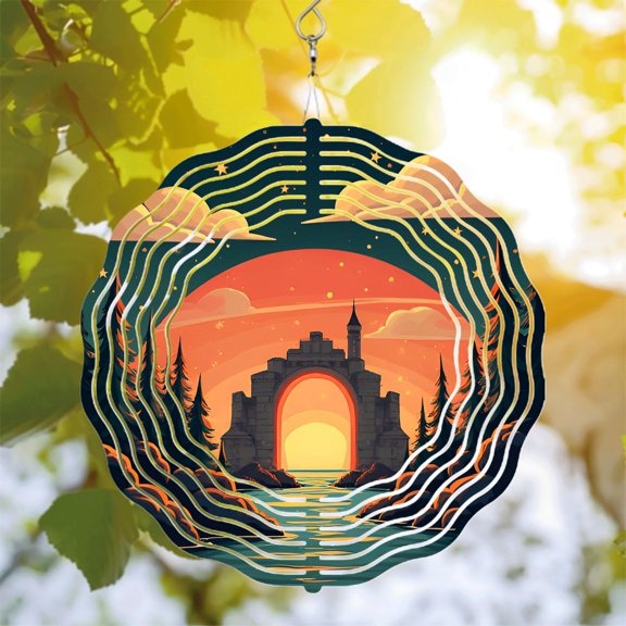 Metal Hanging Wind Spinners with Concentric Circle Design - Enchanting Wind Chimes for Yard and Garden Decor Serene Sunset Vibes