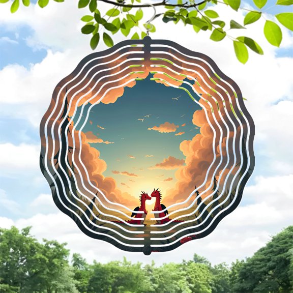 Metal Hanging Wind Spinners with Concentric Circle Design - Serene Sunset Landscape & Silhouetted Dragons - Perfect for Yard & Garden Decor