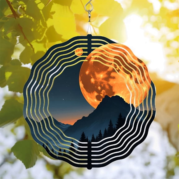 Metal Hanging Wind Spinners with Concentric Circular Design - Fiery Moon & Starry Night Pattern for Yard and Garden Decor