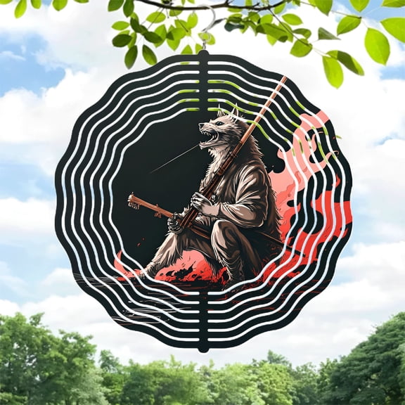 Metal Hanging Wind Spinners with Concentric Circular Patterns - Dynamic Wolf Design for Yard and Garden Decor Red & White Accents