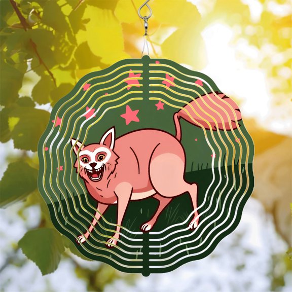 Metal Hanging Wind Spinners with Concentric Circular Patterns - Playful Fox Design for Vibrant Yard & Garden Decor