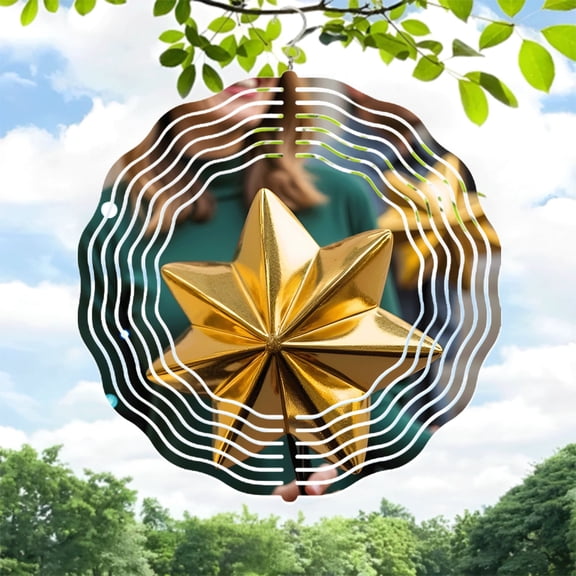 Metal Hanging Wind Spinners with Concentric Pattern Design - Shiny Golden Star Ornament for Festive Yard and Garden Decor