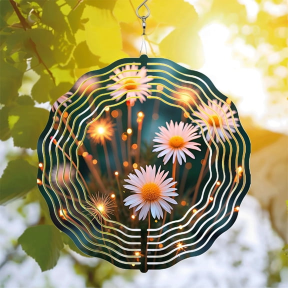 Metal Hanging Wind Spinners with Concentric Radiating Lines & Ethereal Daisies - Magical Garden Wind Chimes for Yard Decor