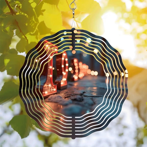 Metal Hanging Wind Spinners with Concentric Radiating Lines - Illuminated ' LOVE ' Design for Yard and Garden Decor
