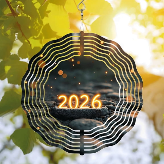 Metal Hanging Wind Spinners with Concentric Radiating Lines & Textured Surface - Glowing Orange ' 2026 ' Design for Yard & Garden Decor