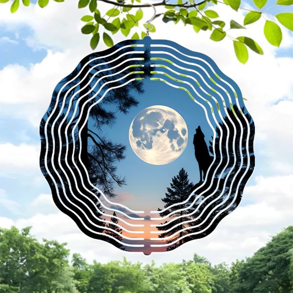 Metal Hanging Wind Spinners with Concentric Ring Design & Moonlit Wolf Silhouette - Artistic Garden Wind Chimes for Outdoor Decor