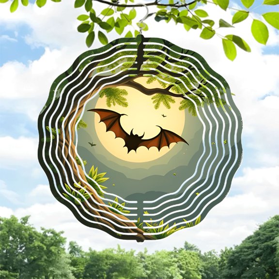 Metal Hanging Wind Spinners with Concentric Ring Design - Serene Bat and Moon Scene for Tranquil Yard and Garden Decor