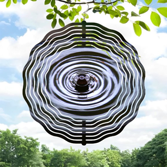 Metal Hanging Wind Spinners with Concentric Ripple Design - Symmetrical White & Dark Lines - Stunning Yard & Garden Decor