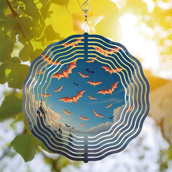 Metal Hanging Wind Spinners with Concentric Tunnel Design - Dynamic Orange Bat Silhouettes Against Blue Sky - Perfect for Yard & Garden Decor