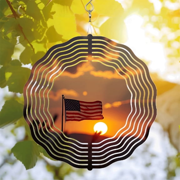 Metal Hanging Wind Spinners with Concentric Wave Design - Beautiful Sunset & American Flag Motif for Yard and Garden Decor