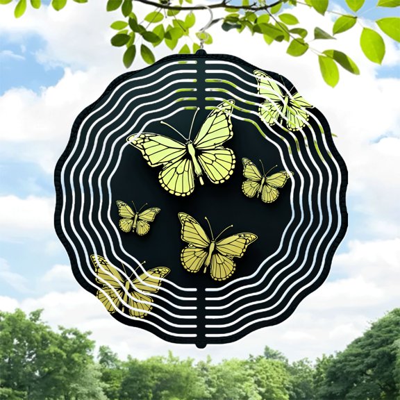 Metal Hanging Wind Spinners with Concentric Wave Design & Butterfly Accents - Elegant Yard & Garden Decor for Depth & Harmony