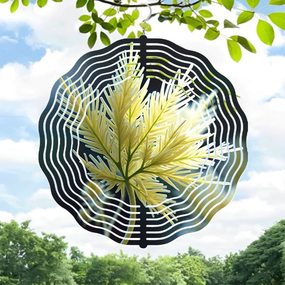 Metal Hanging Wind Spinners with Concentric Wave Design & Green Feather - Like Accents for Stunning Yard & Garden Decor