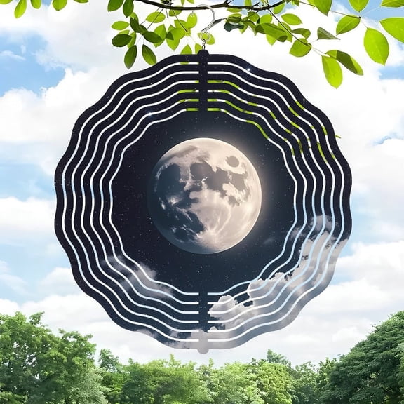 Metal Hanging Wind Spinners with Concentric Wave Design Moon & Star Motif - Perfect for Yard & Garden Decor Serene Atmosphere