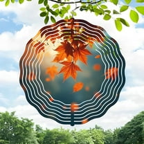 Metal Hanging Wind Spinners with Concentric Wave Design - Vibrant Autumn Leaves & Serene Sky - Perfect for Yard & Garden Decor