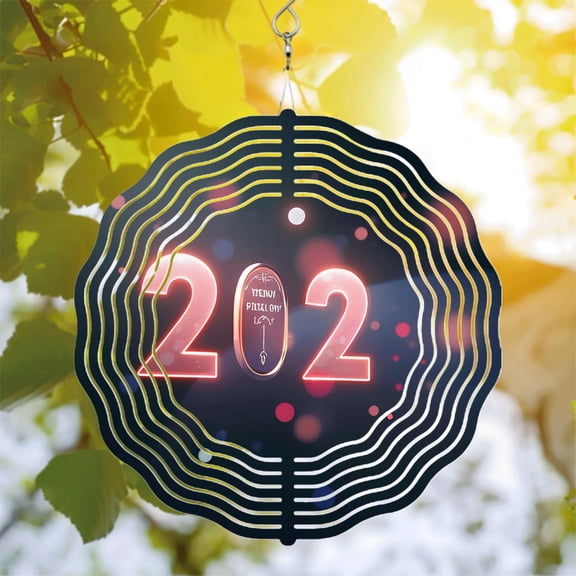 Metal Hanging Wind Spinners with Concentric Wave Patterns & Bold ' 2021 ' Design - Festive Wind Chimes for Yard & Garden Decor