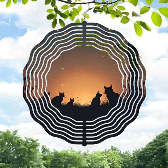 Metal Hanging Wind Spinners with Concentric Wave Patterns - Elegant Cat Silhouettes for Yard & Garden Decor Perfect for Sunset Views