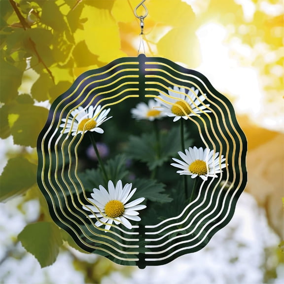 Metal Hanging Wind Spinners with Concentric Wave Patterns - Elegant Garden Decor with Daisies and Green Foliage for Yard