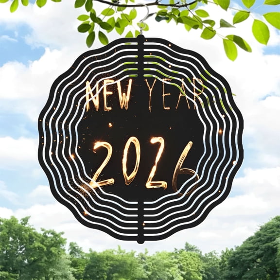 Metal Hanging Wind Spinners with Concentric Wave Patterns - Festive Garden Decor for Yard Featuring Fiery ' NEW YEAR 2026 ' Design