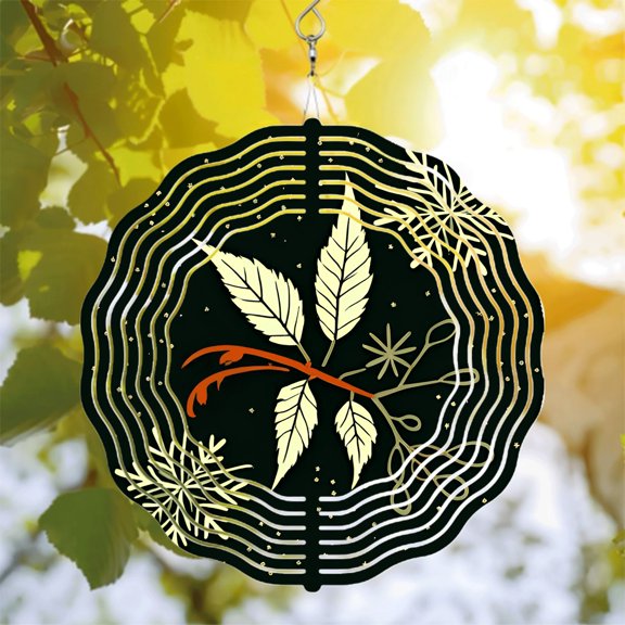 Metal Hanging Wind Spinners with Concentric Wave Patterns & Leaf Motif - Elegant Garden Decor with Star - Like Accents in Dark Background