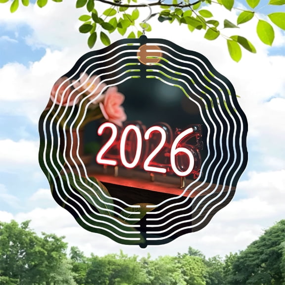 Metal Hanging Wind Spinners with Concentric Wave Patterns & Neon ' 2026 ' Sign - Decorative Wind Chimes for Yard & Garden