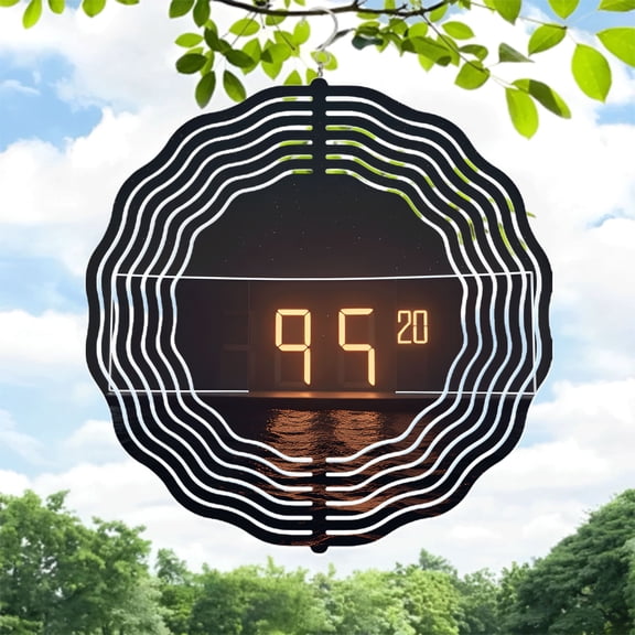 Metal Hanging Wind Spinners with Concentric Wave Patterns - Stunning Black & White Design Bright Orange Digital Display for Yard & Garden