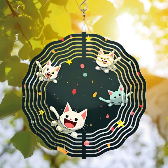 Metal Hanging Wind Spinners with Concentric Waves & Cheerful Cartoon Cats - Colorful Garden Wind Chimes for Yard Decor