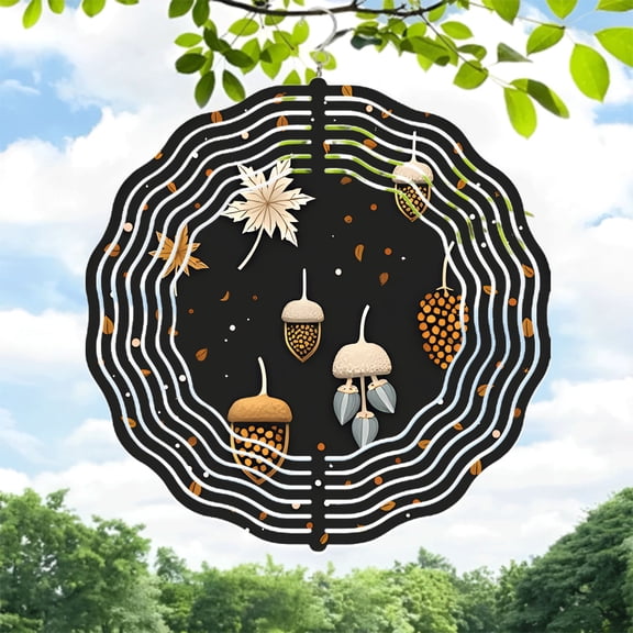 Metal Hanging Wind Spinners with Concentric Wavy Lines Acorns & Leaves Design - Elegant Yard & Garden Decor Black Background