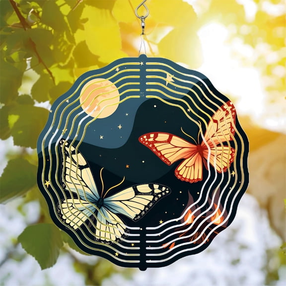 Metal Hanging Wind Spinners with Concentric Wavy Lines & Butterfly Patterns - Celestial Garden Decor for Yard & Outdoor Spaces