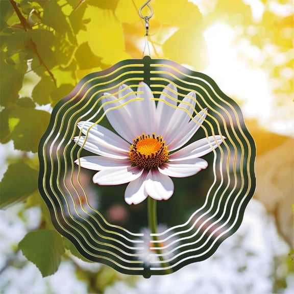 Metal Hanging Wind Spinners with Concentric White Circles Design - Stunning Garden Wind Chimes for Yard Decor