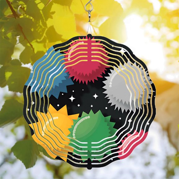 Metal Hanging Wind Spinners with Concentric White Lines & Colorful Star Shapes - Celestial Garden Decor for Yard & Patio