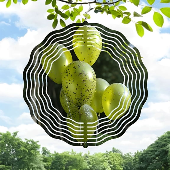 Metal Hanging Wind Spinners with Concentric White Lines Design - Unique Garden Wind Chimes for Yard Decor Green Balloon Theme