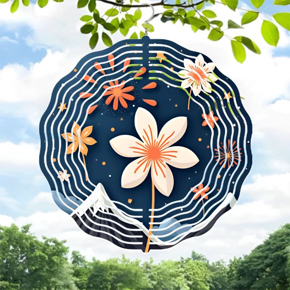 Metal Hanging Wind Spinners with Concentric White Lines & Floral Design - Stunning Garden Decor with Orange Accents & Mountain Background