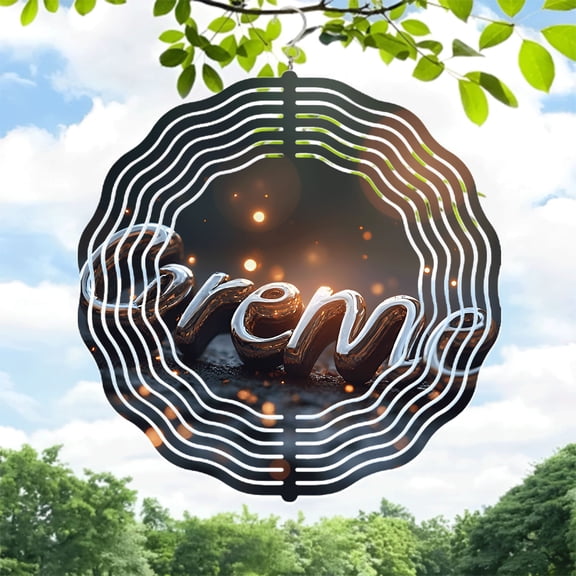 Metal Hanging Wind Spinners with Concentric White Lines & Glossy Center - Elegant Yard & Garden Decor Bokeh Background