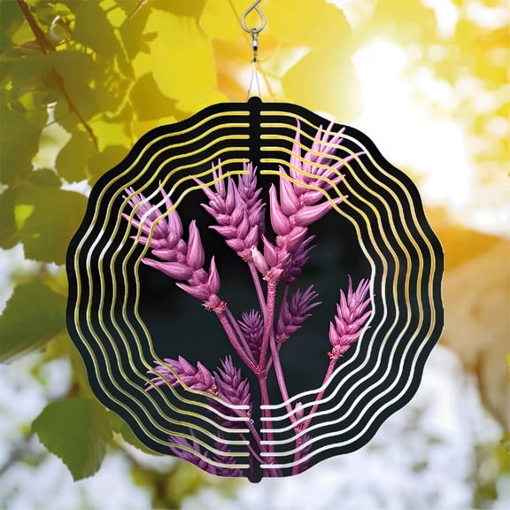 Metal Hanging Wind Spinners with Concentric White Lines & Purple Wheat Stalks - Stunning Garden Decor for Depth & Movement