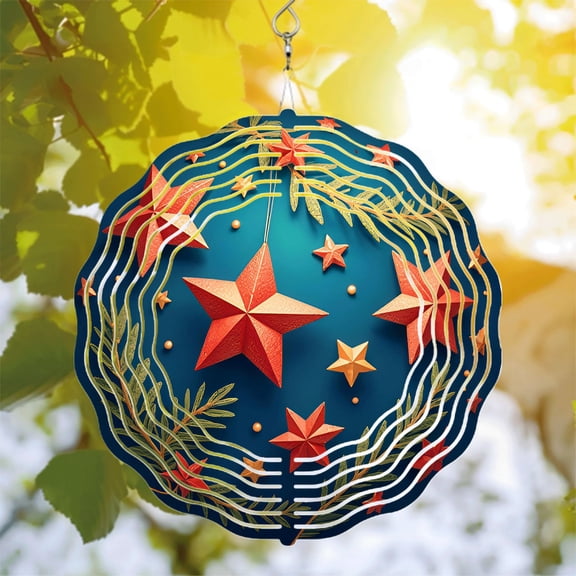 Metal Hanging Wind Spinners with Concentric White Lines Red Stars & Green Leaves - Celestial Garden Decor for Yard & Patio